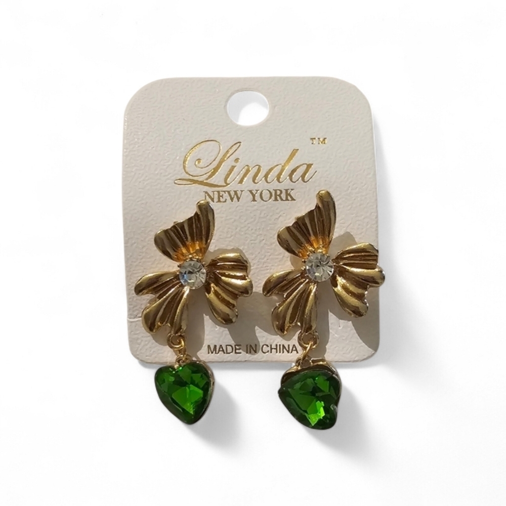 Gold and Green Heart Earrings